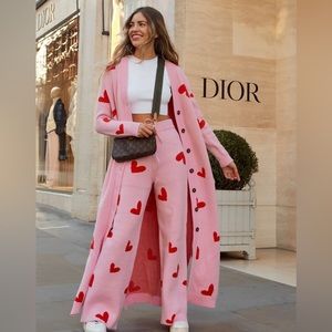 NWT KNITTED 3 -PIECE SET PINK w/RED HEART MAXI CARDIGAN, CARDIGAN  & PANT M